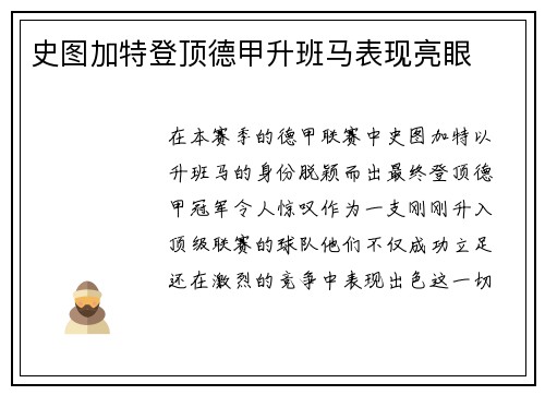 史图加特登顶德甲升班马表现亮眼